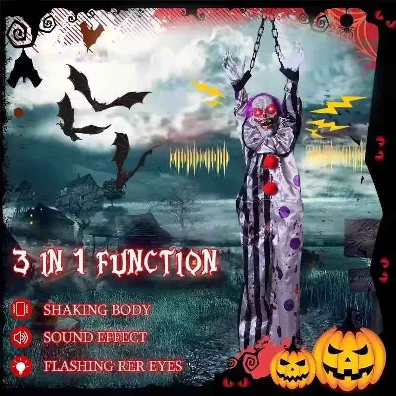 Animated Voice-Activated Hanging Ghost Clown Prop – 150cm Electric Vibrating Body, Glowing Eyes & Scary Sounds for Haunted House & Halloween Decor