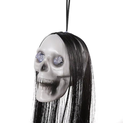 Hanging Ghost Skull Decoration with Long Hair and Glowing Eyes