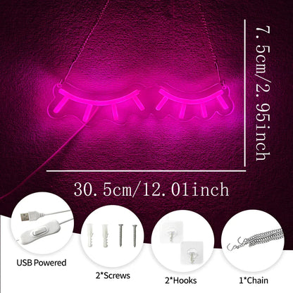 Pink Eyelash Led Neon Sign, Suitable For Eyelash Room Decor, Art Wall Lamp In Dressing Room And Beauty Salon, Powered By Usb.