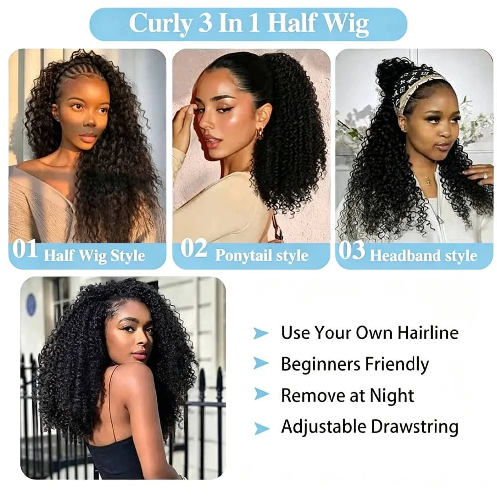 Nvnvdij Curly Human Hair Half Wig – 3-in-1 Headband Wig, 180/200 Density, 16–32 Inches, No Leave Out