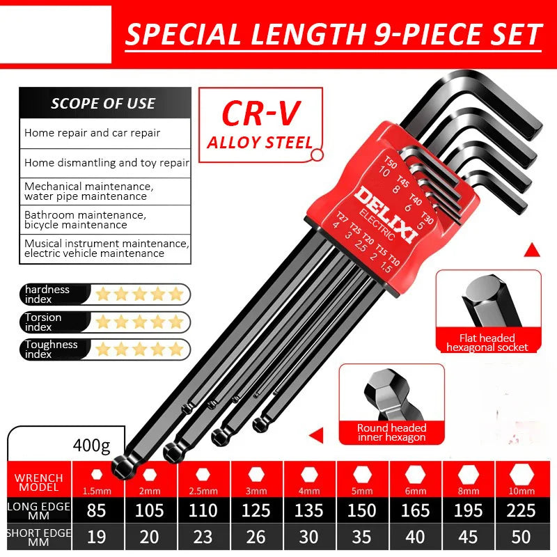 Long Metric Allen Key Set with Sleeve Universal Torque Hex Wrenches & Screwdriver for Motorcycles and Bicycles
