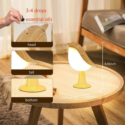 Wood-Effect Bird LED Night Light — Touch Rechargeable Bedside Lamp, 3-Color Dimmable