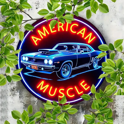 1pc Vintage-Inspired American Muscle Car Neon Sign Round Aluminum Wall Art With Sleek Edges, Bright Red & Blue, Perfect For Cafe