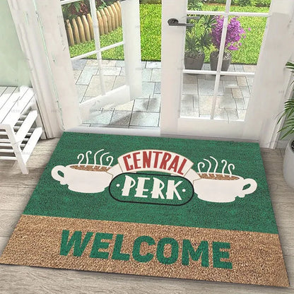 Carpet Central Perk Logo Mat Coffee Cup Printing Rug Friends TV Theme Door Mat Welcome Text Home Decoration Indoor Outdoor Use