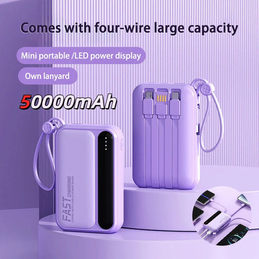 50000mAh 4-in-1 Power Bank Built-in Cables, 120W Fast Charging Digital Display & LED Light