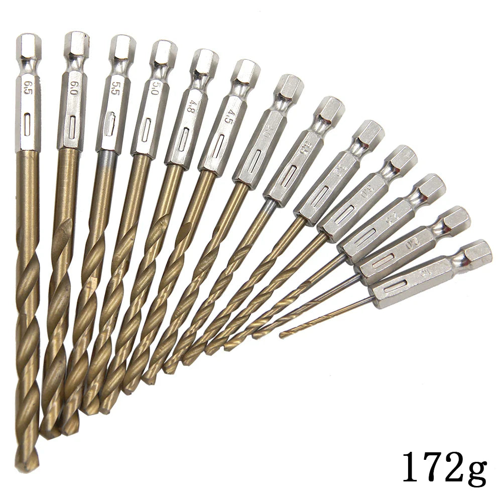 13-Piece Titanium-Plated Hexagonal Shank Twist Drill Bit Set 1.5–6.5 mm (0.06–0.26 in) for Electric Drill, Driver & Air Screwdriver