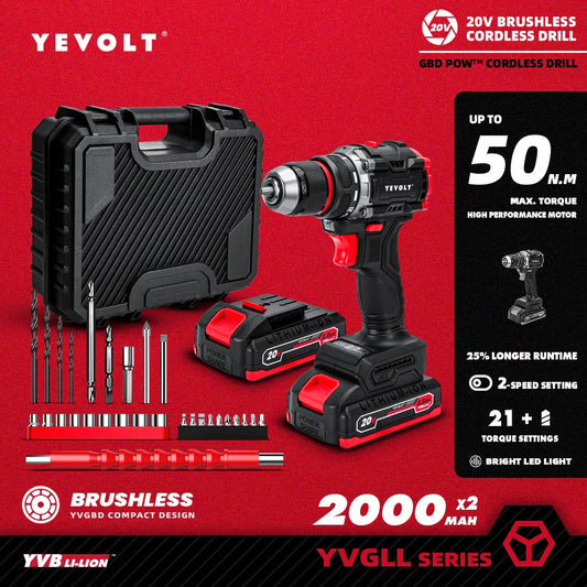 20V Brushless Cordless Drill Driver, Compact 21+1 Torque Keyless 3/8\" (0.8–10mm) Handheld Screwdriver with LED