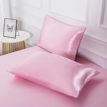 Satin Fitted Sheet Set 3-Piece (1 Fitted Sheet + 2 Pillowcases) Soft Breathable Solid Color Bedding