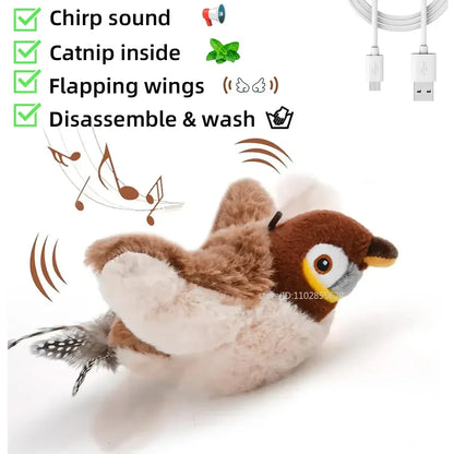 Rechargeable Interactive Cat Toy – Touch-Activated Chirping Flapping Bird Plush with Catnip