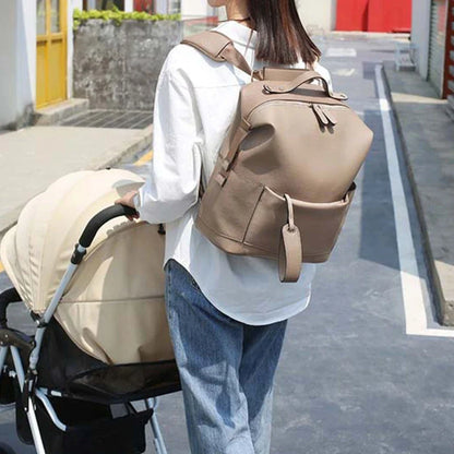 PU Leather Diaper Bag — Large Capacity Maternity Backpack with Changing Pad & Detachable Stroller Straps