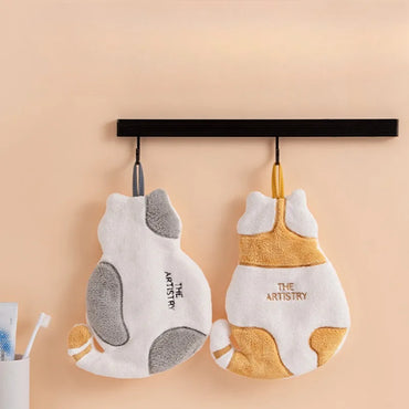 Cute Cat Hanging Hand Towel - Soft Absorbent Coral Fleece Kitchen & Bathroom Towel 30 x 21 cm (11.8 x 8.3 in)