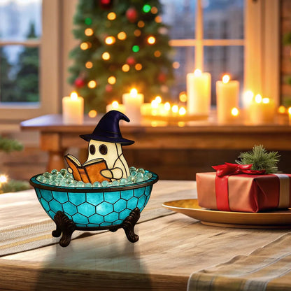 Ghost Bathtub Reading Night Light - Stained Glass & Resin Rechargeable Ambient Lamp with Iron Tripod Base, Halloween & Home Decor