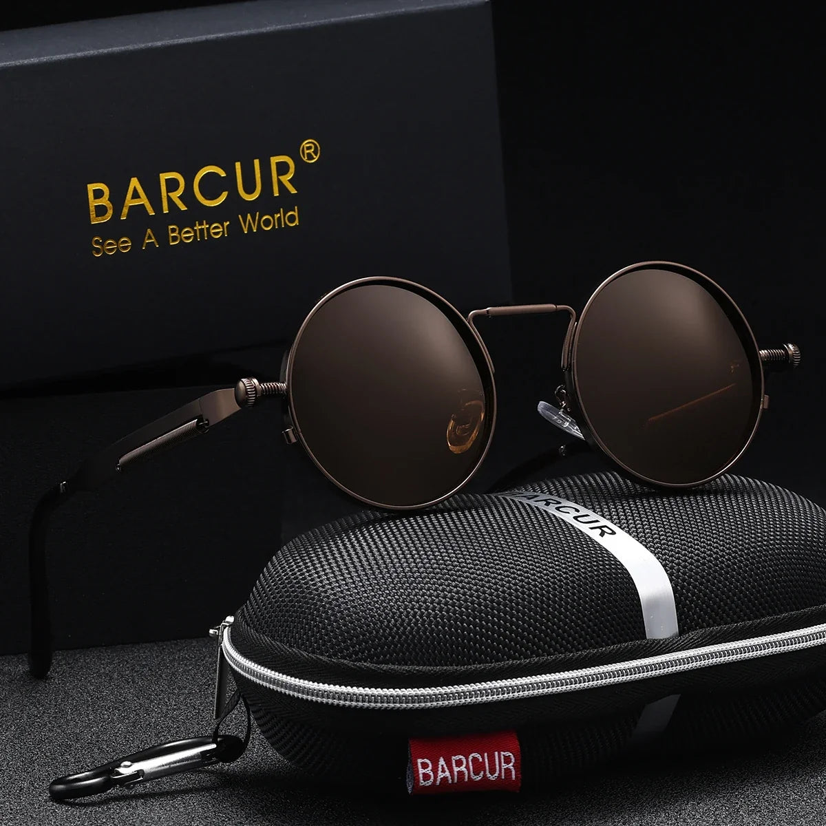 BARCUR Polarized Round Steampunk Sunglasses Retro UV400 Metal Frame for Men Women
