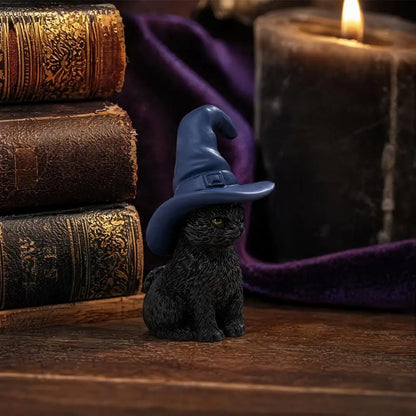 Halloween Witch Cat Resin Figurine - Spooky Cat with Witch Hat, Pumpkin, Skull & Moon Statue for Tabletop, Mantel & Shelf Decor - 5 Designs