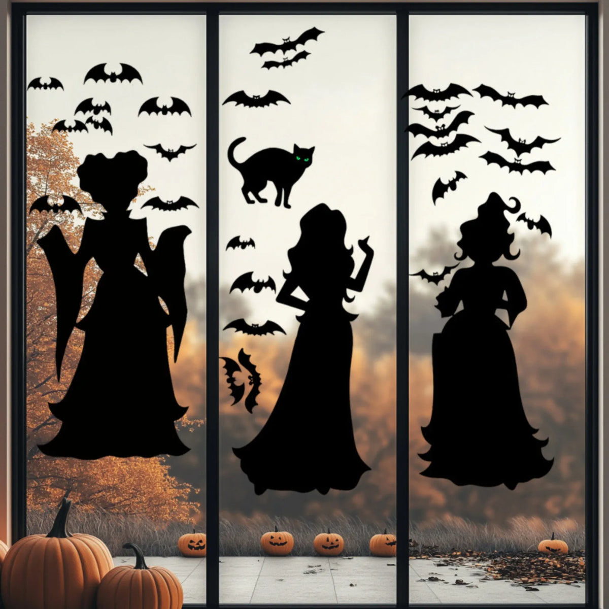 Halloween Witch Silhouette Window Clings - Extra Large 23x16" Double-Sided PVC Hocus-Pocus Witch, Bat & Black Cat Wall Stickers - Set of 3