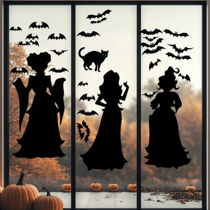 Halloween Witch Silhouette Window Clings - Extra Large 23x16" Double-Sided PVC Hocus-Pocus Witch, Bat & Black Cat Wall Stickers - Set of 3
