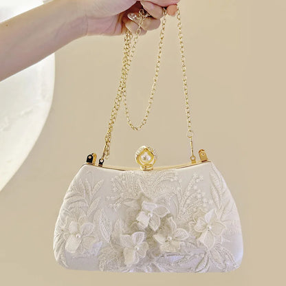 Embroidered Lace Flower Clutch Bag with Pearl Chain Strap - Off White Evening and Wedding Purse