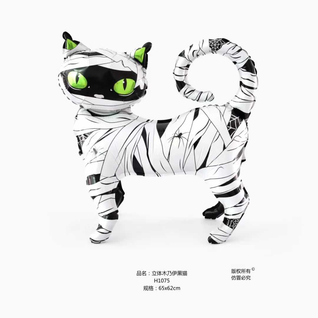 4D Halloween Black Cat Foil Balloon – Standing Cartoon Green-Eyed Cat Aluminum Foil Party Decoration – 3 Design Options