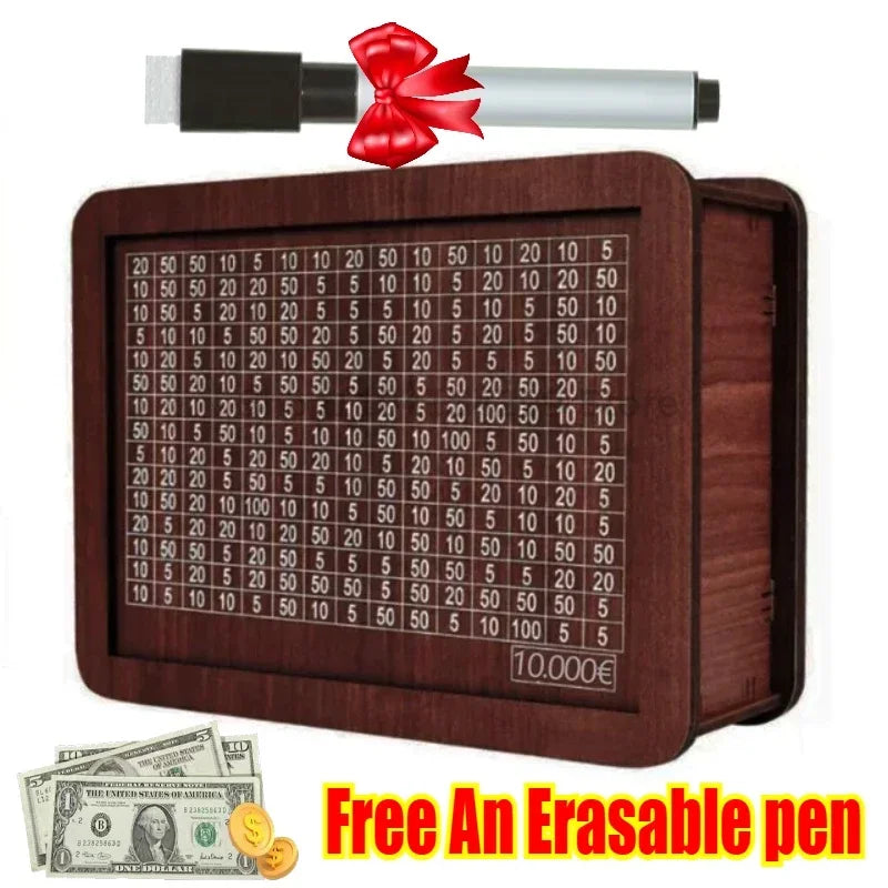 Handmade Wooden Money Box with Savings Tracker – Reusable Piggy Bank for Kids & Adults (10,000 Savings Challenge)