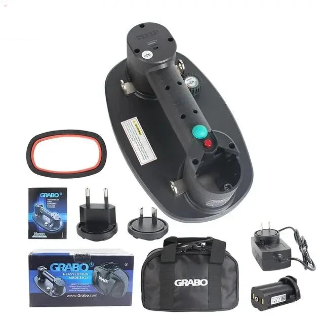 RAIZI GRABO wet sanding/brushing tool kit on a white background, including the black handheld tool with red/green buttons, mirror, plugs, chargers, box, and carrying bag.