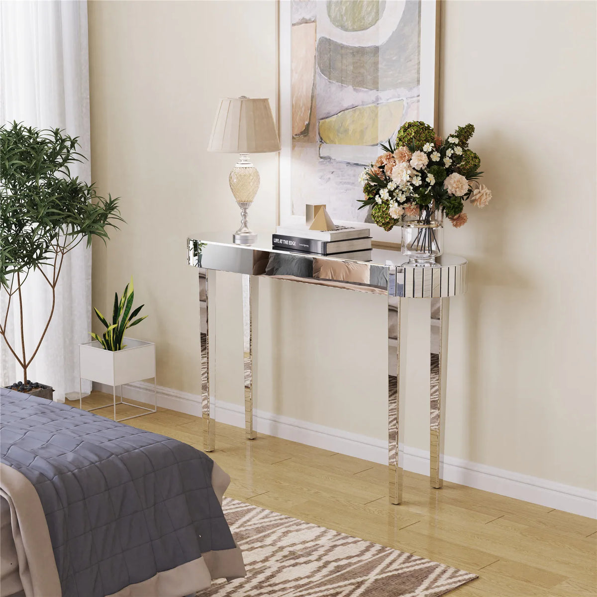 BINGOPAW Mirrored Console Table - 47.2" Silver Glass Entryway Hall Table, MDF + Glass, Modern Minimalist
