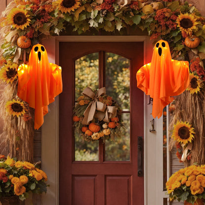 Halloween Glowing Ghost Lantern LED String Lights – Hanging Outdoor & Indoor Ghost Decor for Yard, Tree, Porch & Party – Orange, White or 2-Pack