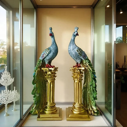 A pair of exquisite peacock ornaments standing on Roman columns add an artistic touch to the home.