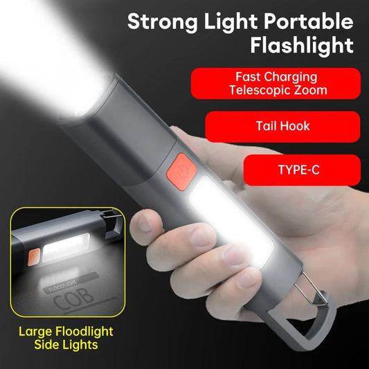 Mini Zoomable LED Flashlight with COB Side Light - Waterproof Portable Torch for Camping, Fishing & Hunting