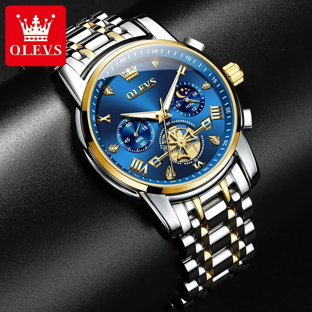 OLEVS 2856 Men's Skeleton Chronograph Watch - Flywheel Dial, Moon Phase, Steel Bracelet, 30m Water Resistant