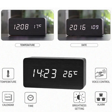 Wooden LED Digital Alarm Clock with Temperature Display — 3 Alarms & Adjustable Brightness, USB Bedside Desk Clock