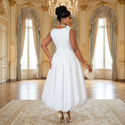 Women’s Sleeveless Bubble Hem Fit & Flare Ankle-Length Dress – Elegant White Formal Dress for Wedding Guest, Evening & Banquet, Sizes S–XXL