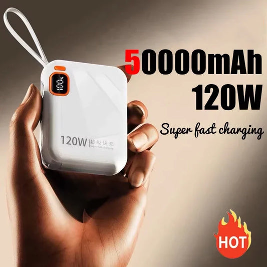 120W 50000mAh Portable Power Bank - Built-in Cables, LED Display & Flashlight, Two-Way Fast Charging for iPhone Samsung