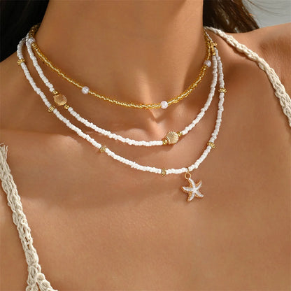 Bohemian Beaded Starfish & Shell Pendant Necklace – Layered Summer Beach Jewelry for Women