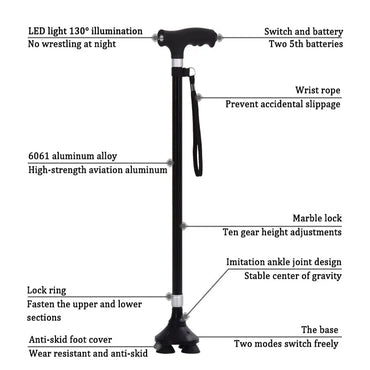 Adjustable Aluminum Walking Cane with LED Light, Non-Slip T-Handle Retractable Senior Walking Stick 28–37 in (72–94 cm)