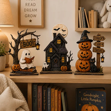 Vintage Halloween Wooden Block Decorations – Ghost, Black Cat & Pumpkin Shelf Decor – 3 or 6 Piece Assorted Sets