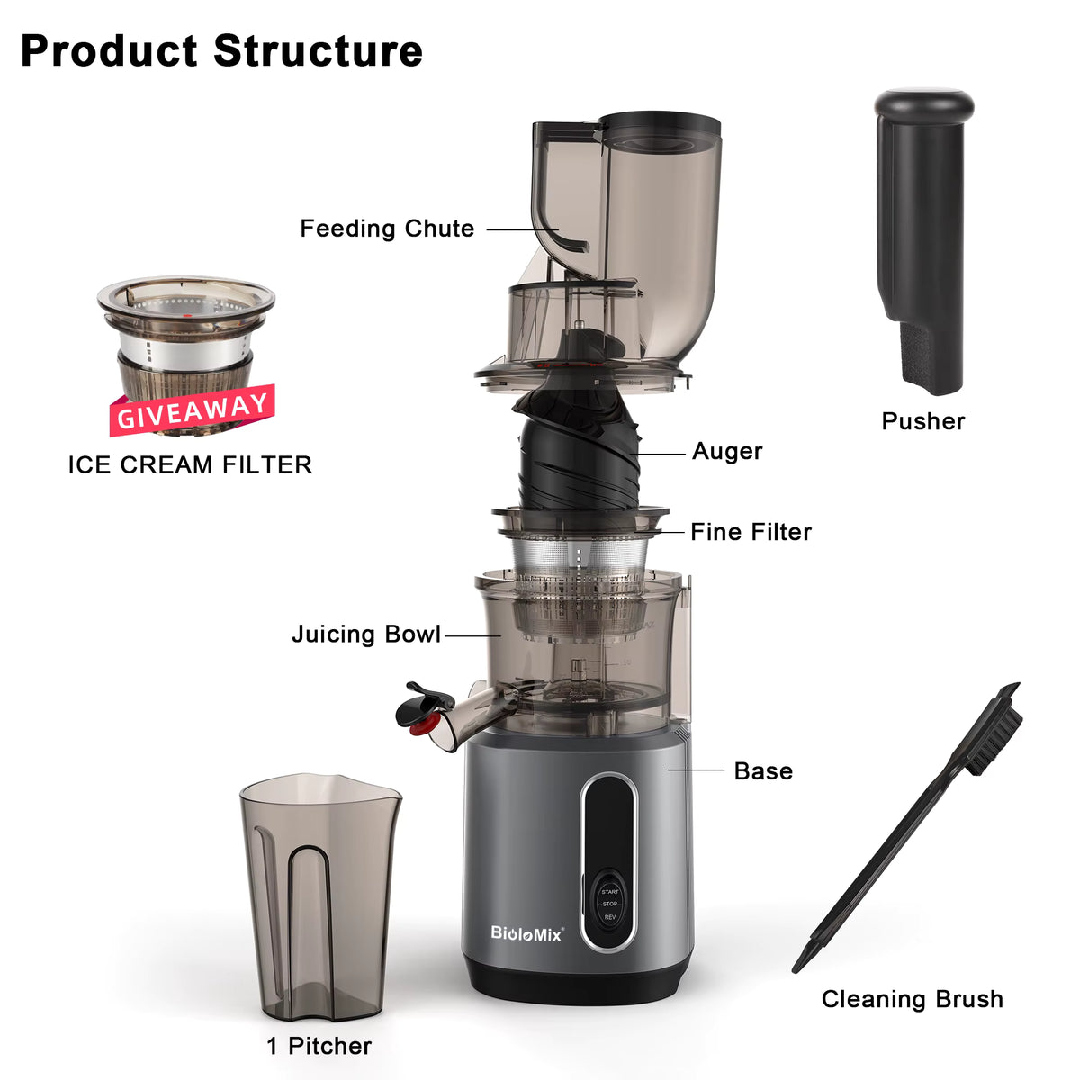 BioloMix HH-916I Cold Press Juicer with 75mm Feed Chute, 200W