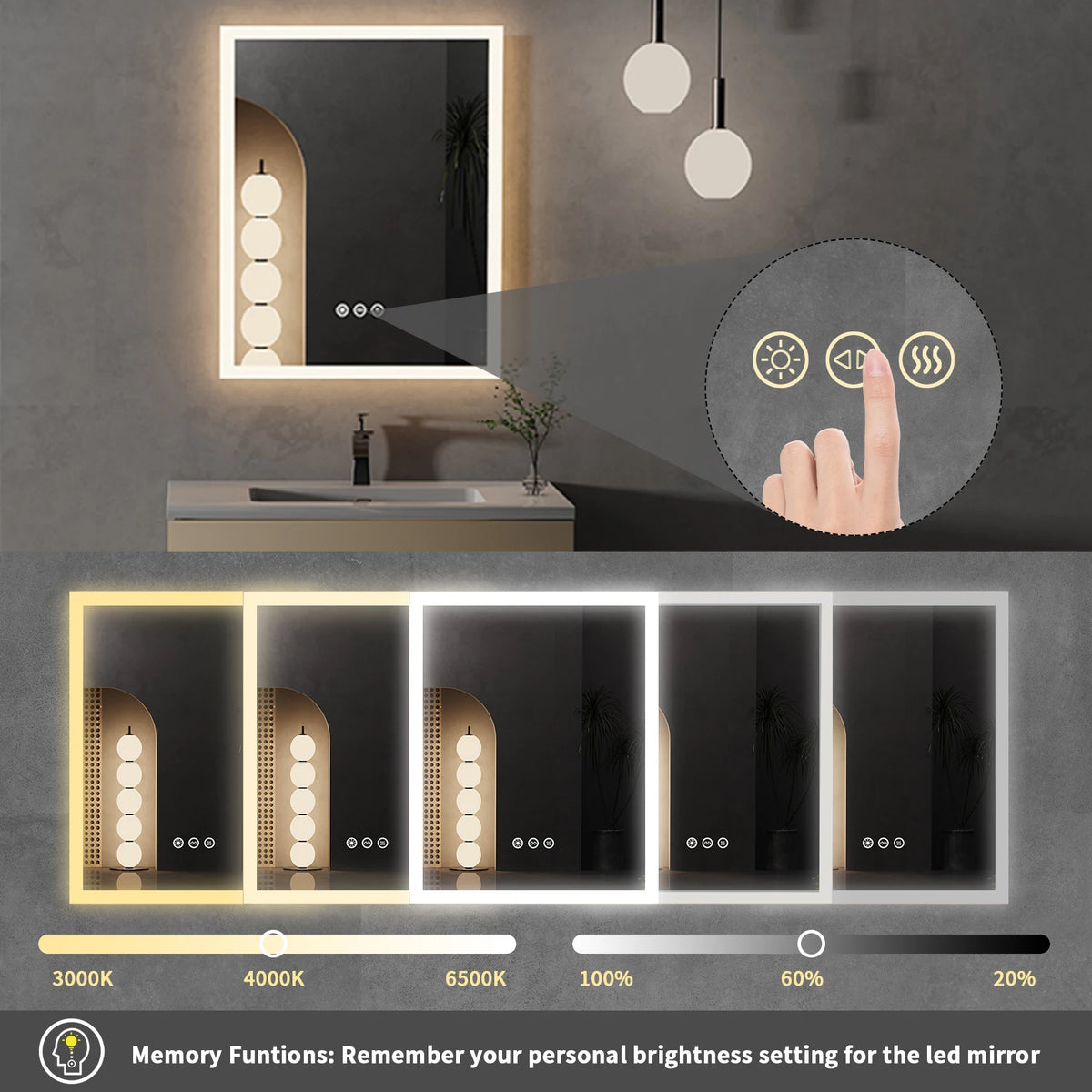 LED Bathroom Vanity Mirror with Defogger, 400 x 500 mm
