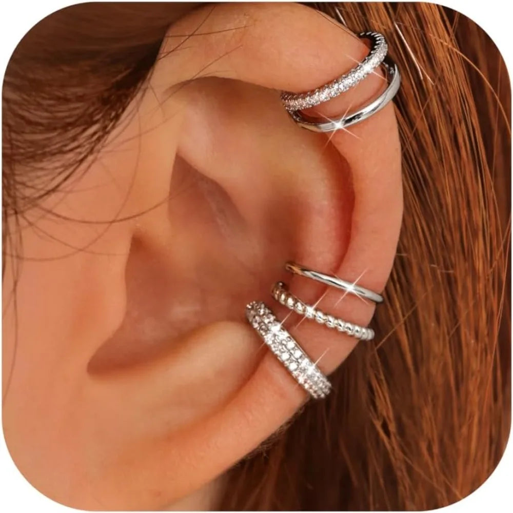 drperfect 4-Pair Ear Cuff Set - No Piercing, Adjustable Clip-On Cartilage Earrings, Brass, 14K Gold Plated or Silver, Hypoallergenic, Nickel-Free - 6 Styles