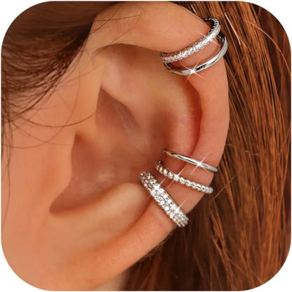 drperfect 4-Pair Ear Cuff Set - No Piercing, Adjustable Clip-On Cartilage Earrings, Brass, 14K Gold Plated or Silver, Hypoallergenic, Nickel-Free - 6 Styles