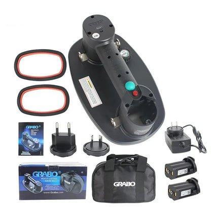 A RAIZI GRABO wet sanding/grinding tool kit on a white background, including the main black handheld tool, two red-edged rubber pads, two battery chargers, two battery packs, a carrying bag, and branded boxes.
