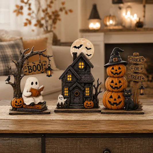 Vintage Halloween Wooden Block Decorations – Ghost, Black Cat & Pumpkin Shelf Decor – 3 or 6 Piece Assorted Sets