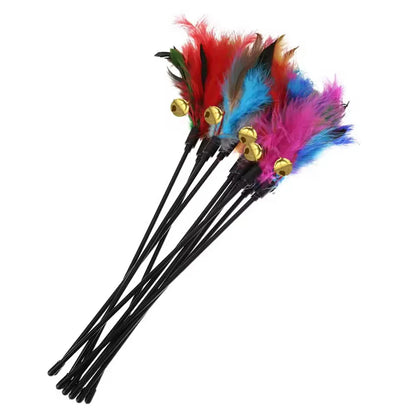 5-Pack Interactive Cat Feather Wand Toys - Colorful Feather Teasers with Bell