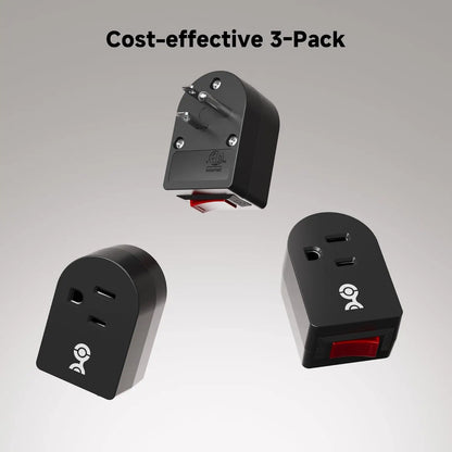 3-Pack Grounded Outlet Switch with On/Off Button, Black - Safe Energy-Saving Adapter