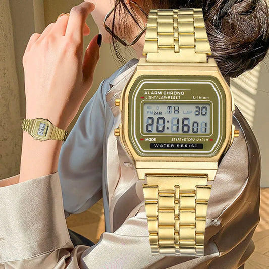 Women's Digital Stainless Steel Watch – Gold & Silver Business Electronic Wristwatch
