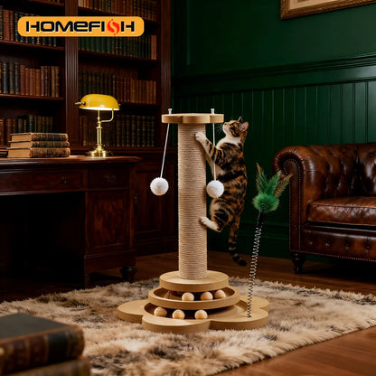 Solid Wood Cat Turntable Toy with Sisal Scratching Board and Rolling Ball - Interactive Cat Scratcher Column