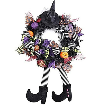 Halloween Witch Leg Pumpkin Wreath - Vintage Rattan Front Door Garland with Acorn, Maple Leaf & Pumpkin Decor for Outdoor Party Display