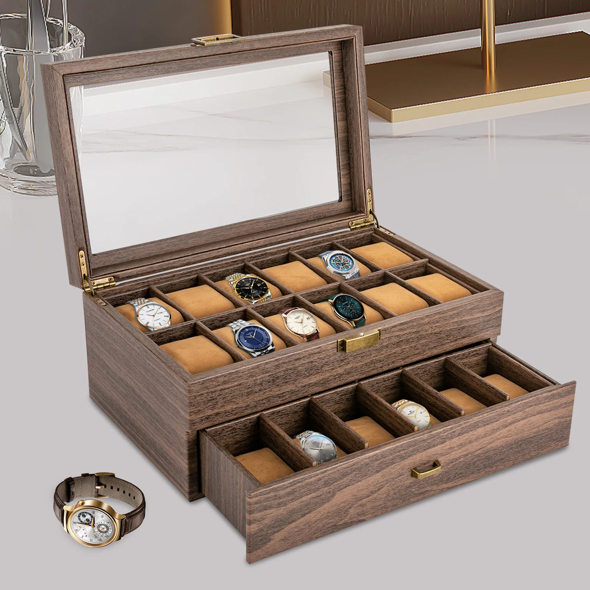 24-Compartment 2-Tier Watch Display Box with Glass Window - Rustic Brown PU & Wood, Removable Pillows, Tabletop Jewelry Organizer