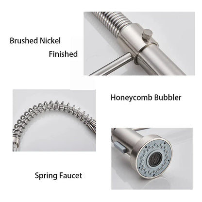 Brushed Nickel Pull-Out Kitchen Faucet — Deck-Mounted Single-Handle 360° Rotating Sprayer, Hot & Cold