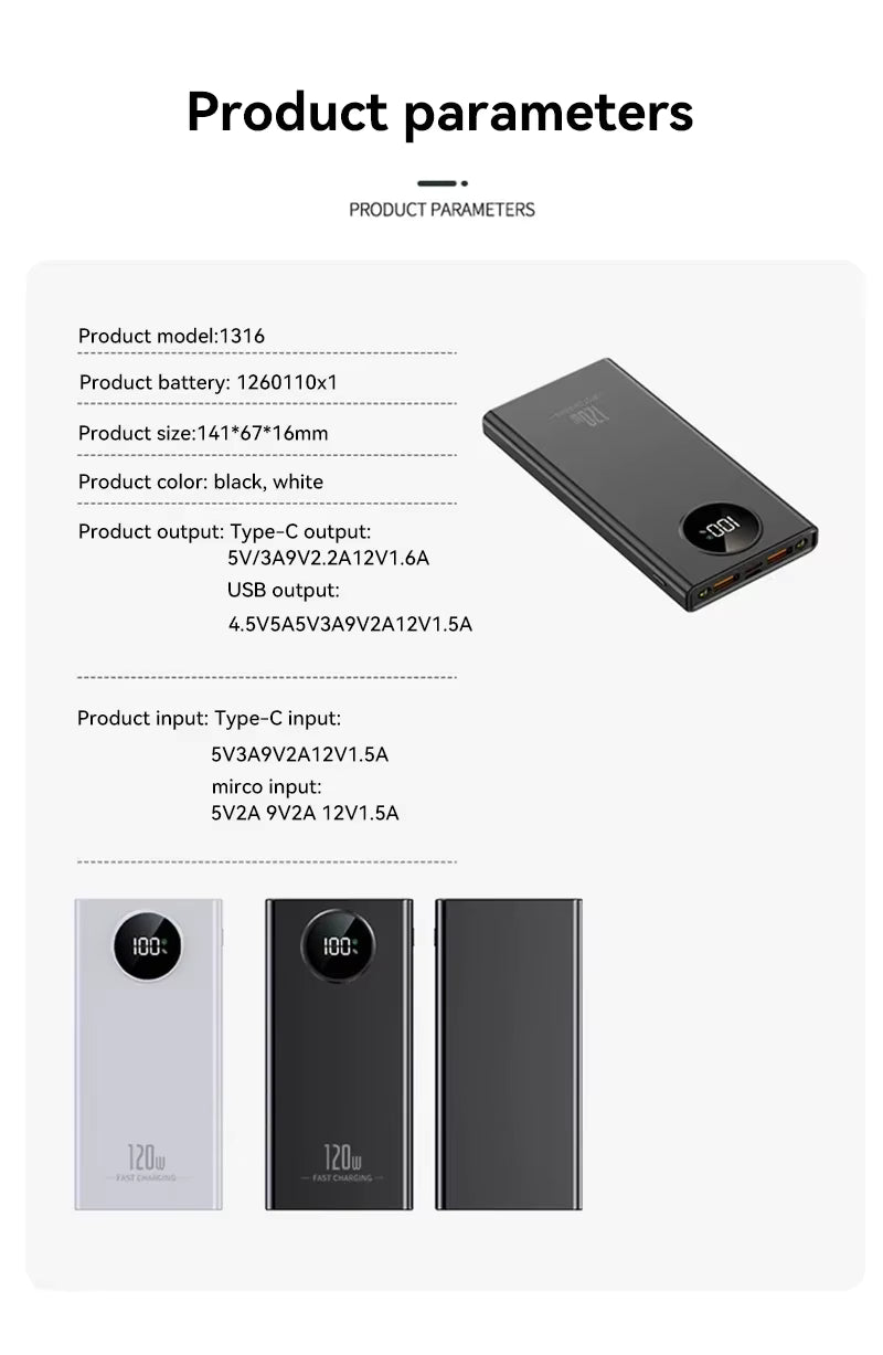 120W Power BankSuper Fast Charging 80000mah Ultra large Capacity For Mobile Power External Battery For iPhone Xiaomi Samsung