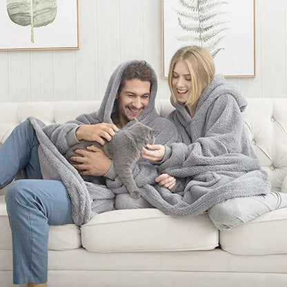 Women's Thick Winter Fleece Hooded Pullover Jacket – Double-Layer Warm Long Hoodie with Pockets